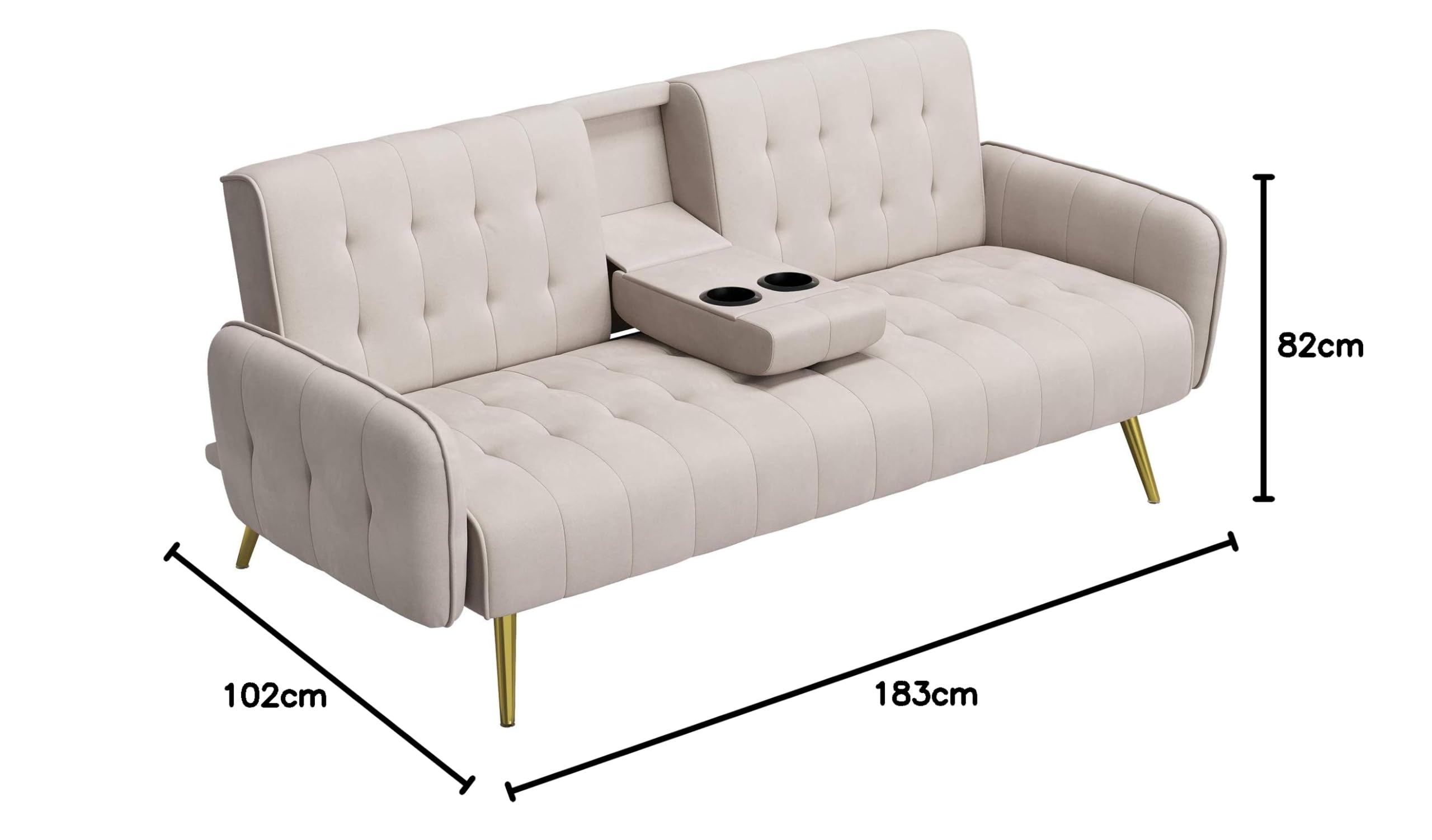 Living Space Apartment Dorm Office Convertible Couch Removable Armrests Gray Sofa Bed with 2 Cup Holders (Beige)