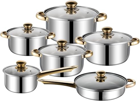 12 Piece Stainless Steel Cookware Set, Kitchen Removable Handle Pots and Pans Set, Frying Pans Saucepans with Lid, Golden Handles, for All Stoves 12 pcs