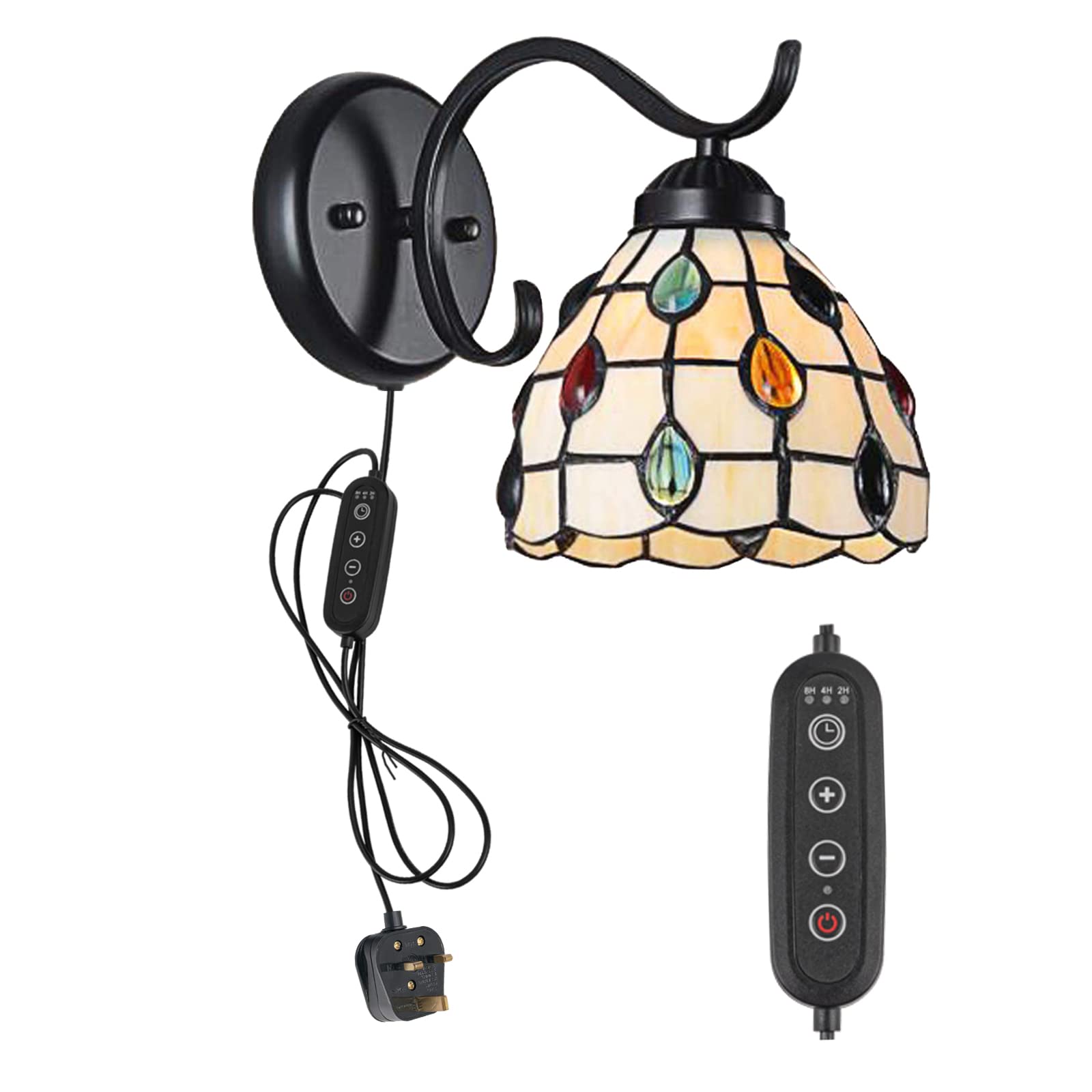 FSLiving Plug in Wall Lamp Tiffany Style Wall Sconce with 5.9ft Plug-in Cord, On/Off Switch, 1-Light Dimmable Wall Lights Fixtures for Bedside Reading E27 Base