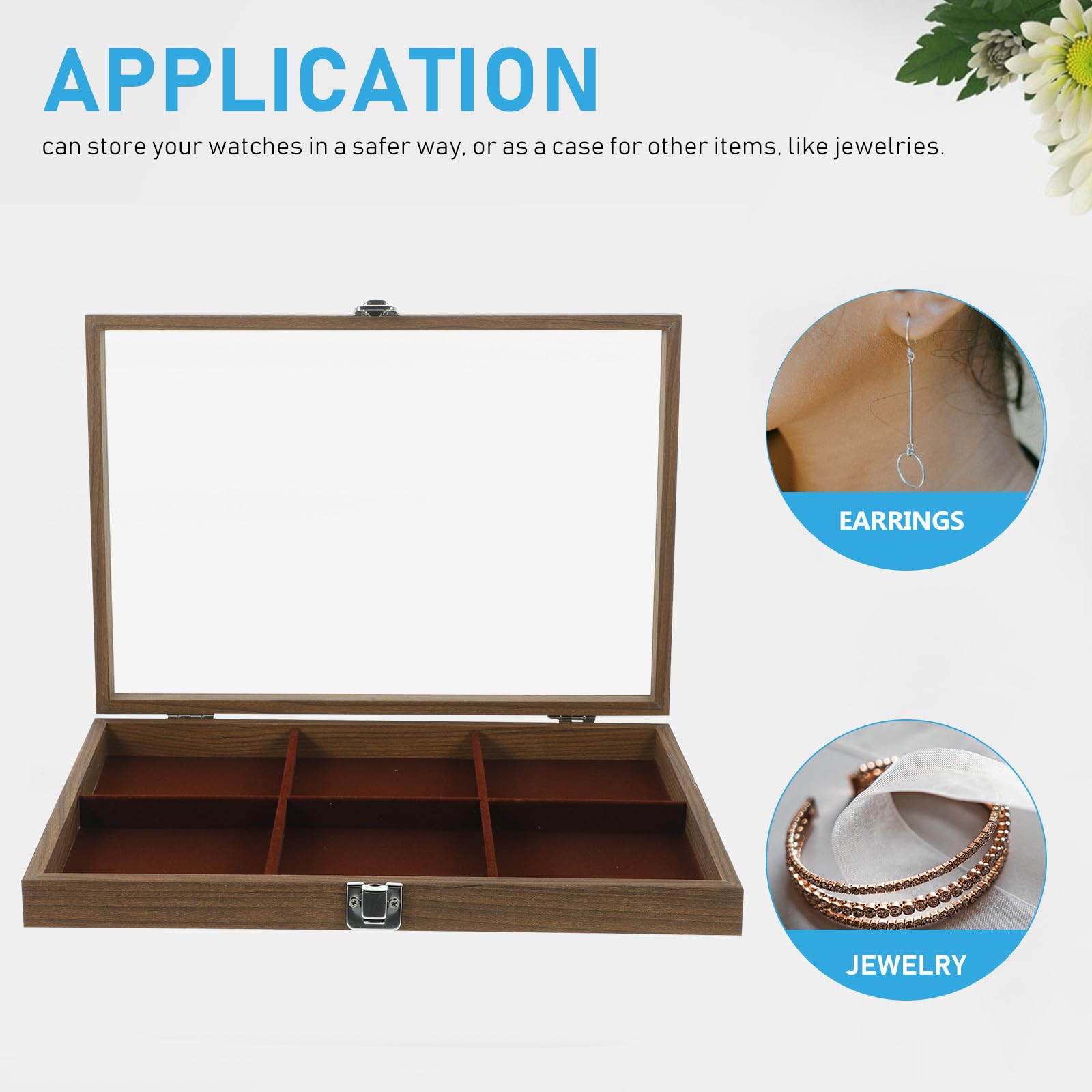 Estuche para Guardar Joyas de Madera con Tapa de Cristal, 6 Compartimentos