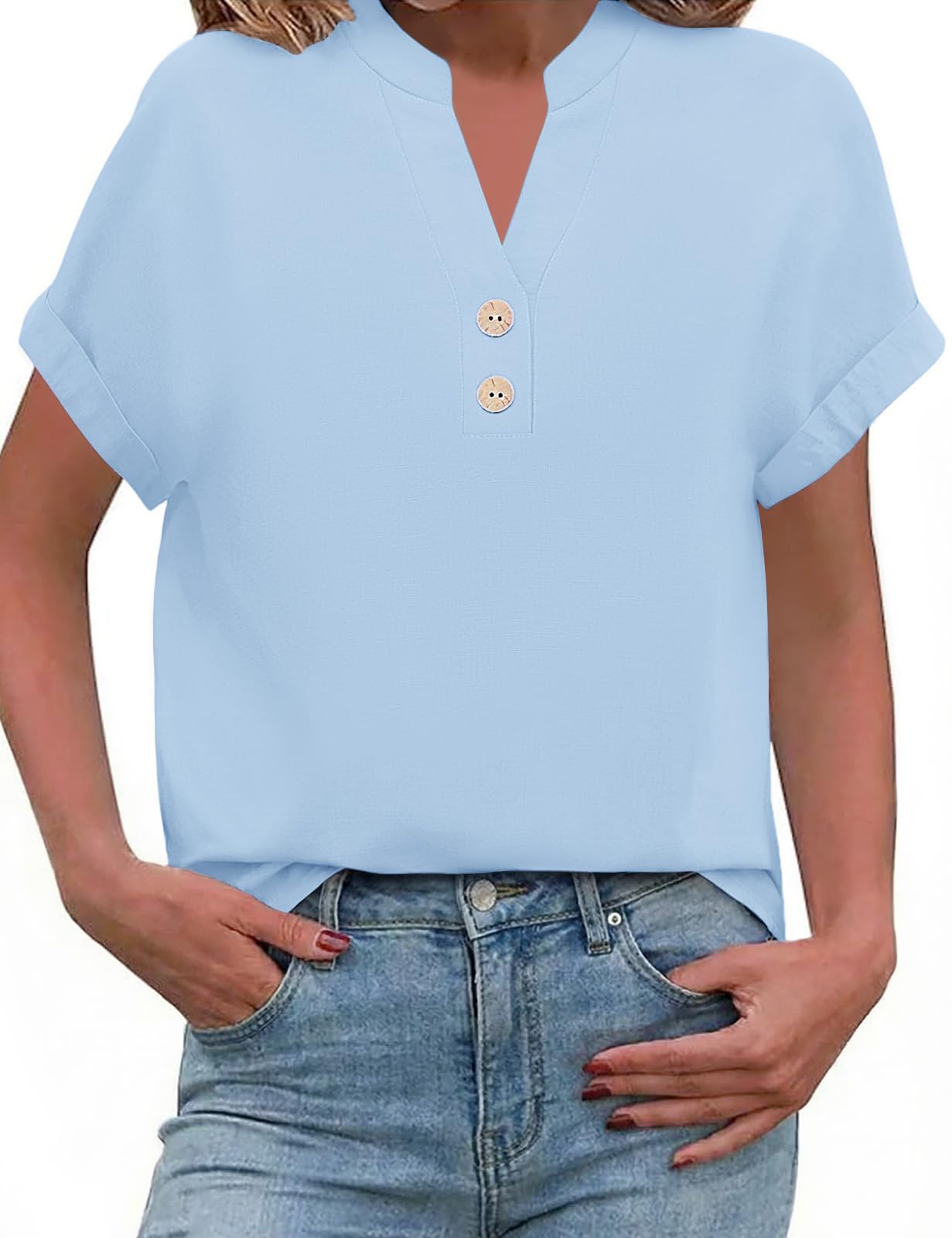 PASUDA Camicia Estiva Donna Blusa Lino Elegante Camicetta Manica Corta Camicia Scollo a V Button Down Camicia Tinta Unita Classico Top Estive T Shirt
