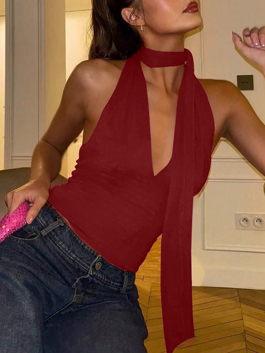 Solid Halter Neck Sleeveless Crop Top with Scarf for Women (in, Alpha, S, Maroon) - Image 3 thumbnail