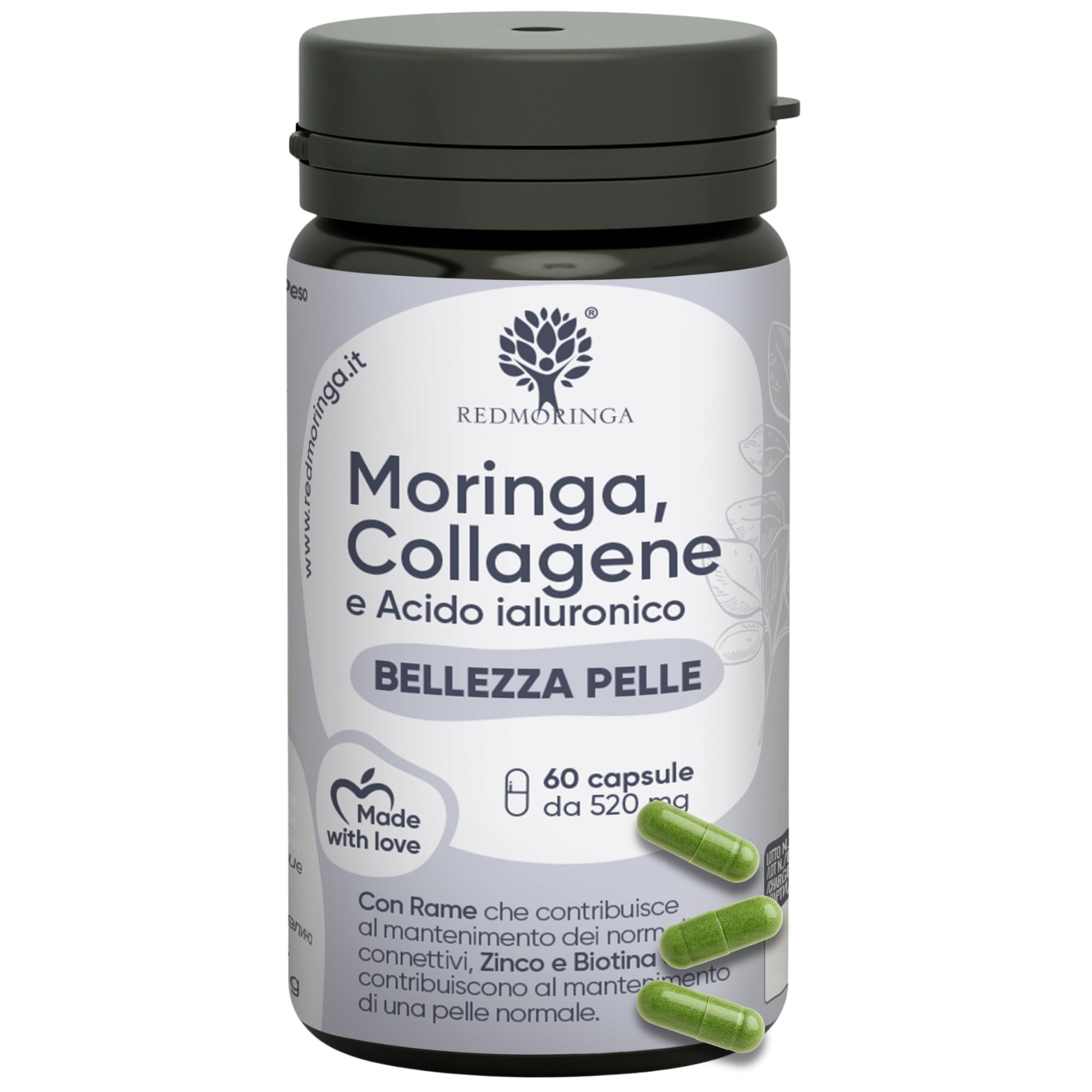Collagene Marino Idrolizzato potenziato con Moringa BIO contro Radicali Liberi – Acido Ialuronico, Zinco, Biotina, Rame, Vit. A B2 B3 C – Integratore Pelle e Articolazioni – 60 Capsule | RedMoringa