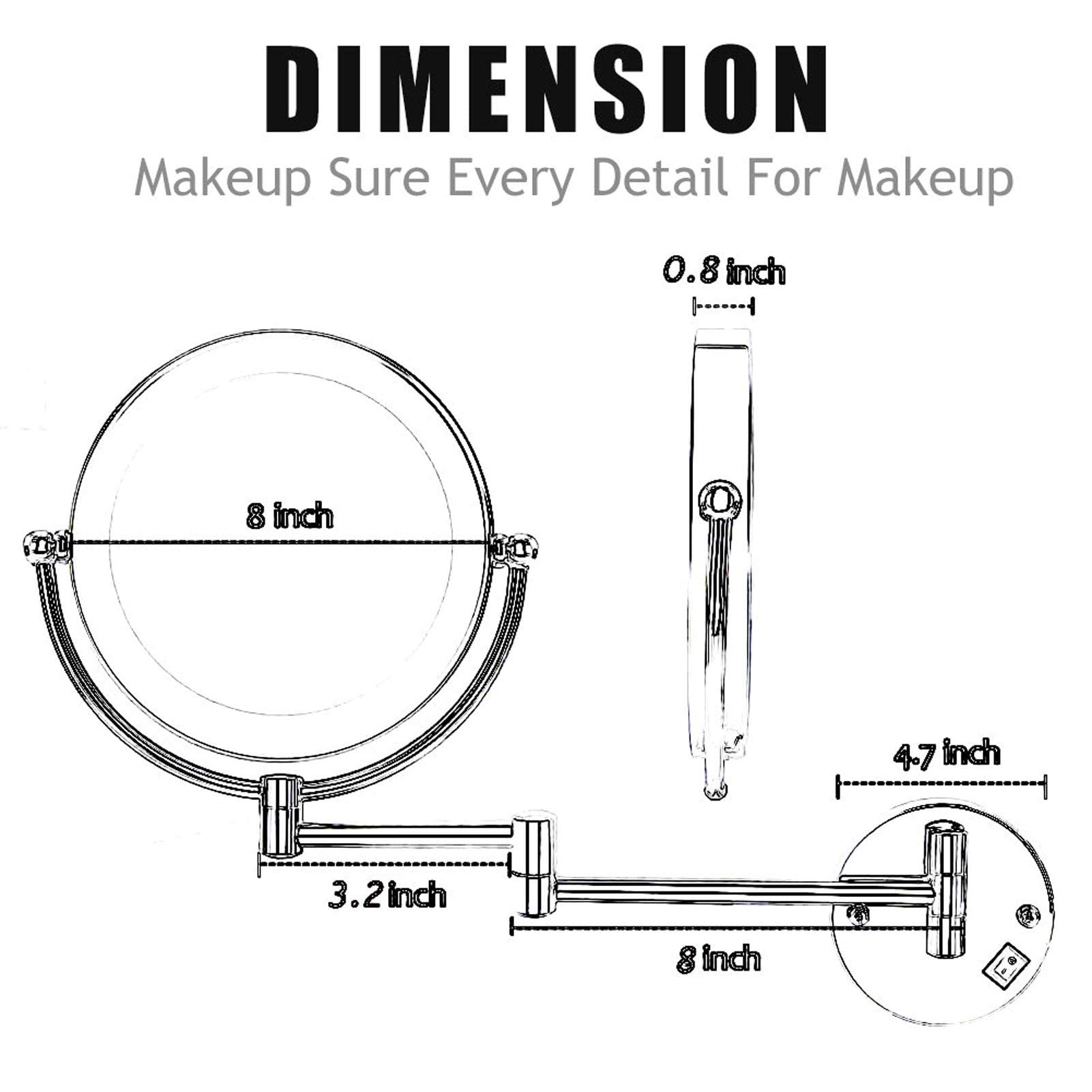Specchio for trucco da parete con luci e ingrandimento 5X, specchio for trucco da parete girevole a doppia faccia da 8 pollici Specchietti da trucco estensibili neri Due lati 360 Girevoli Viso cosmeti