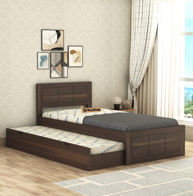 woodstage solid sheesham wood single size trundle bed with storage | wooden bed cot palang for bedroom | space saving pull-out bed frame for home guest room furniture (walnut finish)