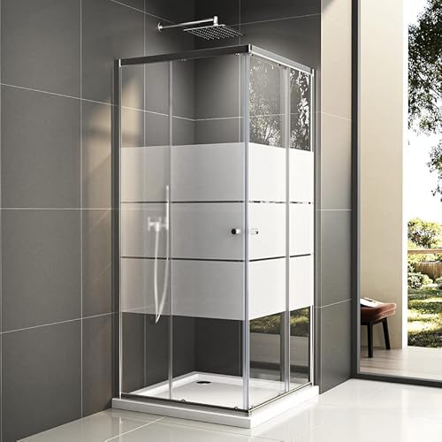 Duschkabine 75x90 cm, Doppel Schiebetür Milchglas Streife Eckeinstieg Duschwand Duschabtrennung ESG Sicherheisklarglas Schnelle Installation Höhe 185cm Links Rechts Montierbar