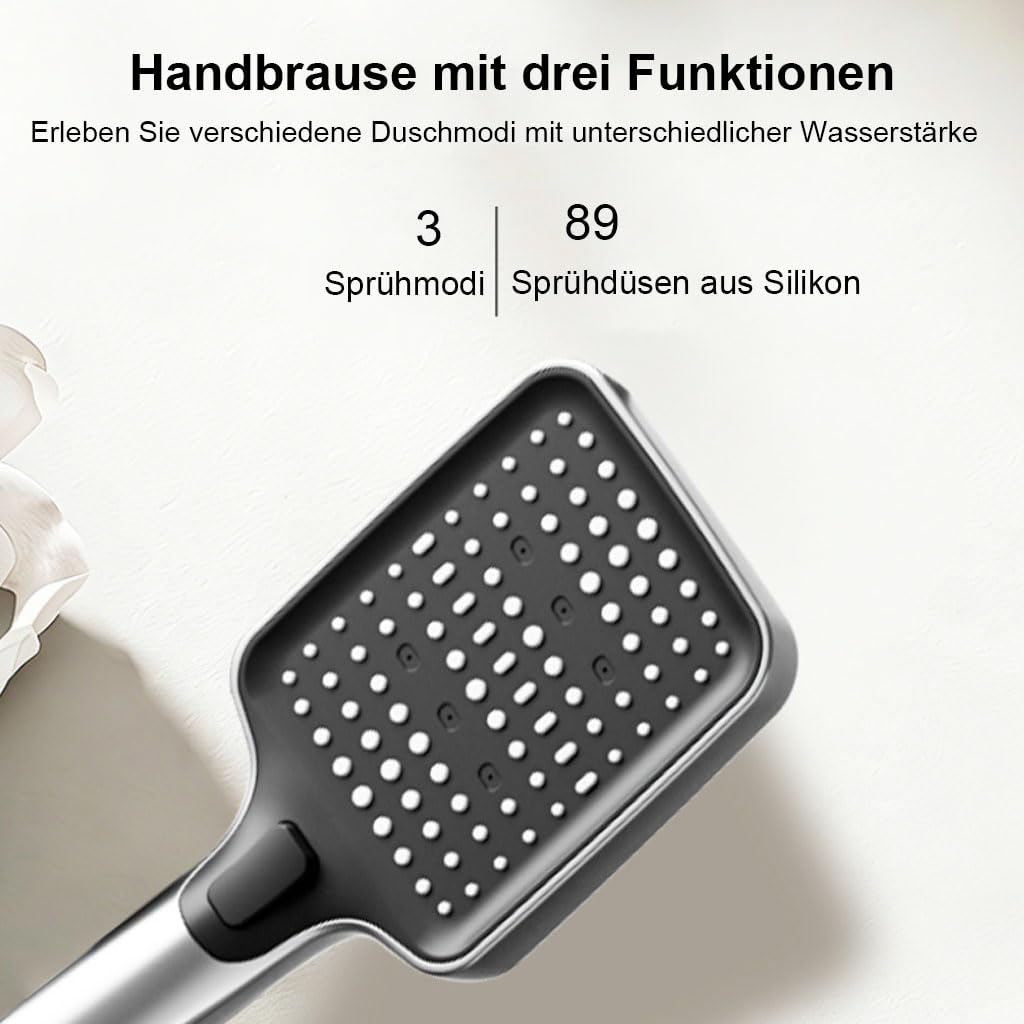 Saliscendi Doccia con soffione Grigio Metallizzato 4 funzioni | Saliscendi doccia grigio metallizzato,soffione 285mm,4 modalità pulsanti,ripiano portaoggetti,asta regolabile