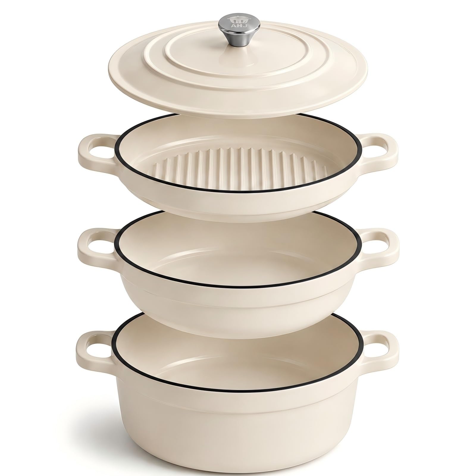 AHJ 4 Casseroles en Fonte Émaillée, Ensemble de cocottes avec poêle à Pain de 4,5 L, rôtissoire de 2,5 L, poêle à Griller de 1,2 L et Couvercle, antiadhésif, va au Four jusqu'à 260°C, Blanc
