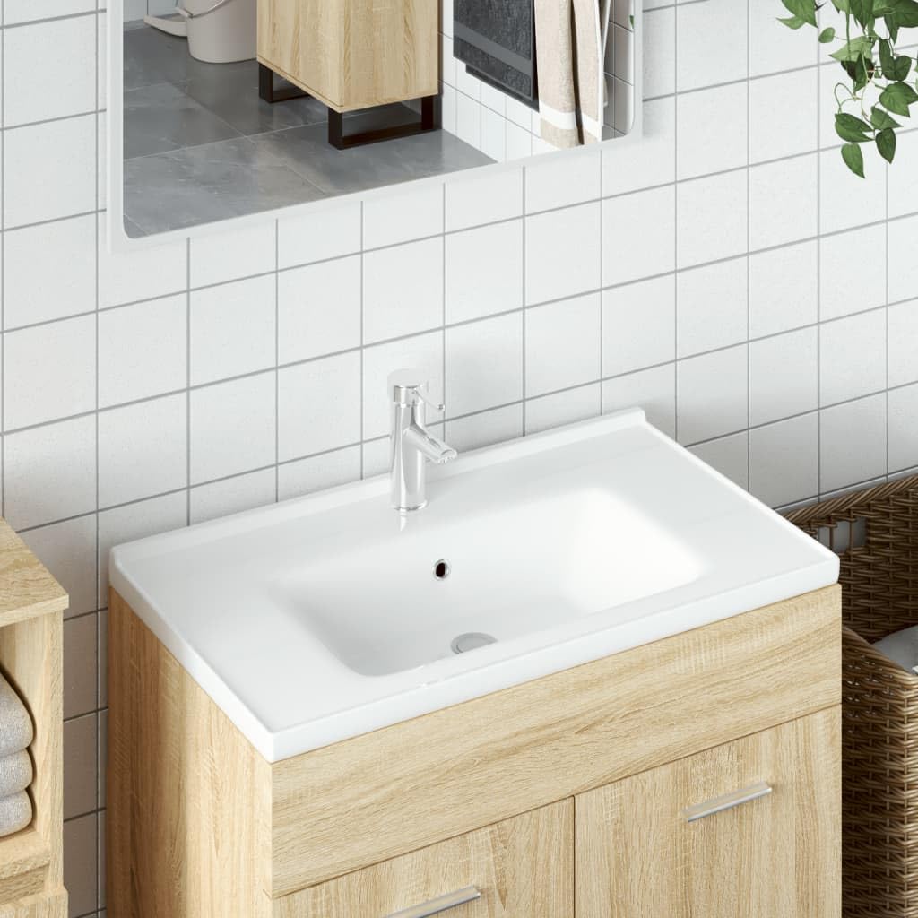 Évier de Salle de Bain Blanc 81x48x19,5 cm Rectangulaire Céramique Finition Brillante Lavabo de Lieu de Travail avec Trou de Trop-plein Vasque pour Toilettes Salles d'eau Facile à Nettoyer