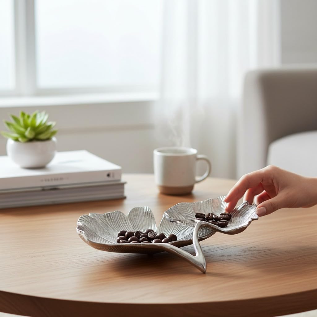 GILDE Deko Schale Wohnzimmer Tisch - Deko Silber Wohnzimmer - Schlüsselablage Schale Gingko - aus Aluminium Breite 34 cm Farbe: Silber