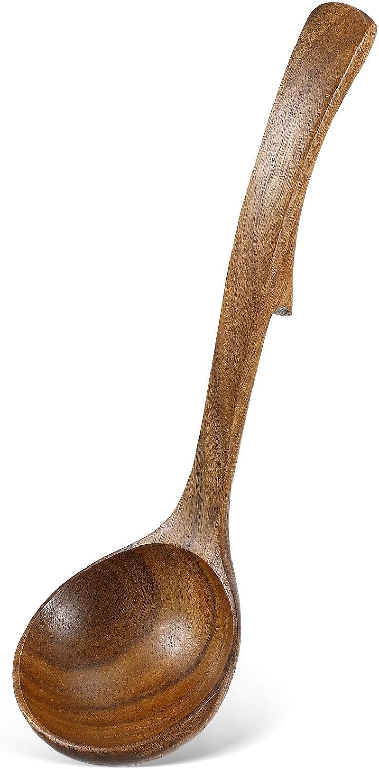 Toyvian Long Wooden Soup Ladle Hook Design for Cooking and Stirring, Non-stick Wood Ladle Thick Handle, Multipurpose Wooden Kitchen Spoon for Serving and Cooking