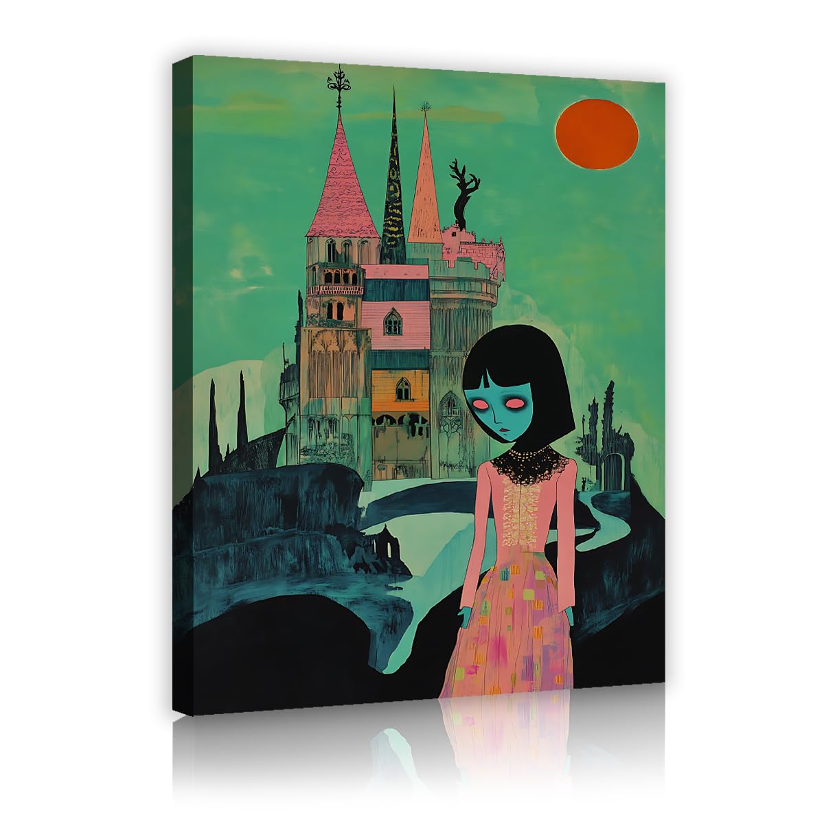 CHERHERART Surrealistyczna róża zielona sztuka ścienna zamek gotycki obraz na płótnie ciemne i fantazyjne wydruki sypialnia przedszkole dom 45 x 70 cm struktura wnętrza