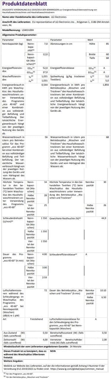 LG SIGNATURE LSWD100X Waschtrockner 12-7 kg 1550 U/min AI Direct Drive Wärmepumpen Steam-Funktion Weiß