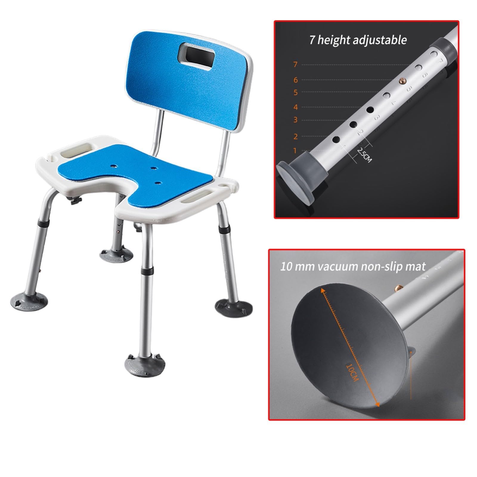 Silla De Ducha, Silla De Ducha con Respaldo Y Reposabrazos, Taburete De Ducha Antideslizante, Asiento De Ducha Regulable En Altura para Personas Mayores Y Discapacitadas, 136 Kg