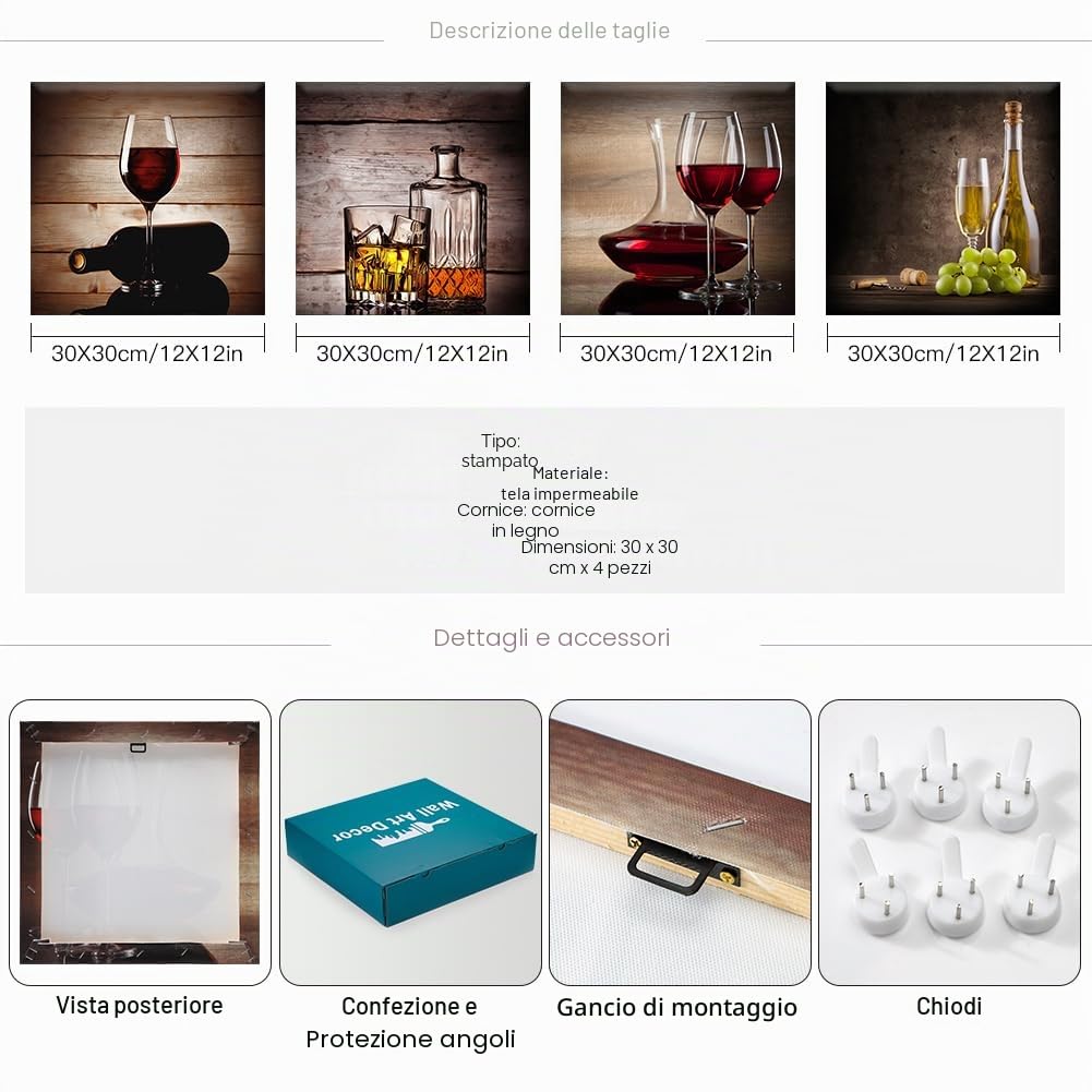 Artscope 4 parti Stampa su tela - Bicchiere da vino rosso, decorazione da parete per camera da letto, dipinti ad olio per casa, bagno, soggiorno, 30 x 30