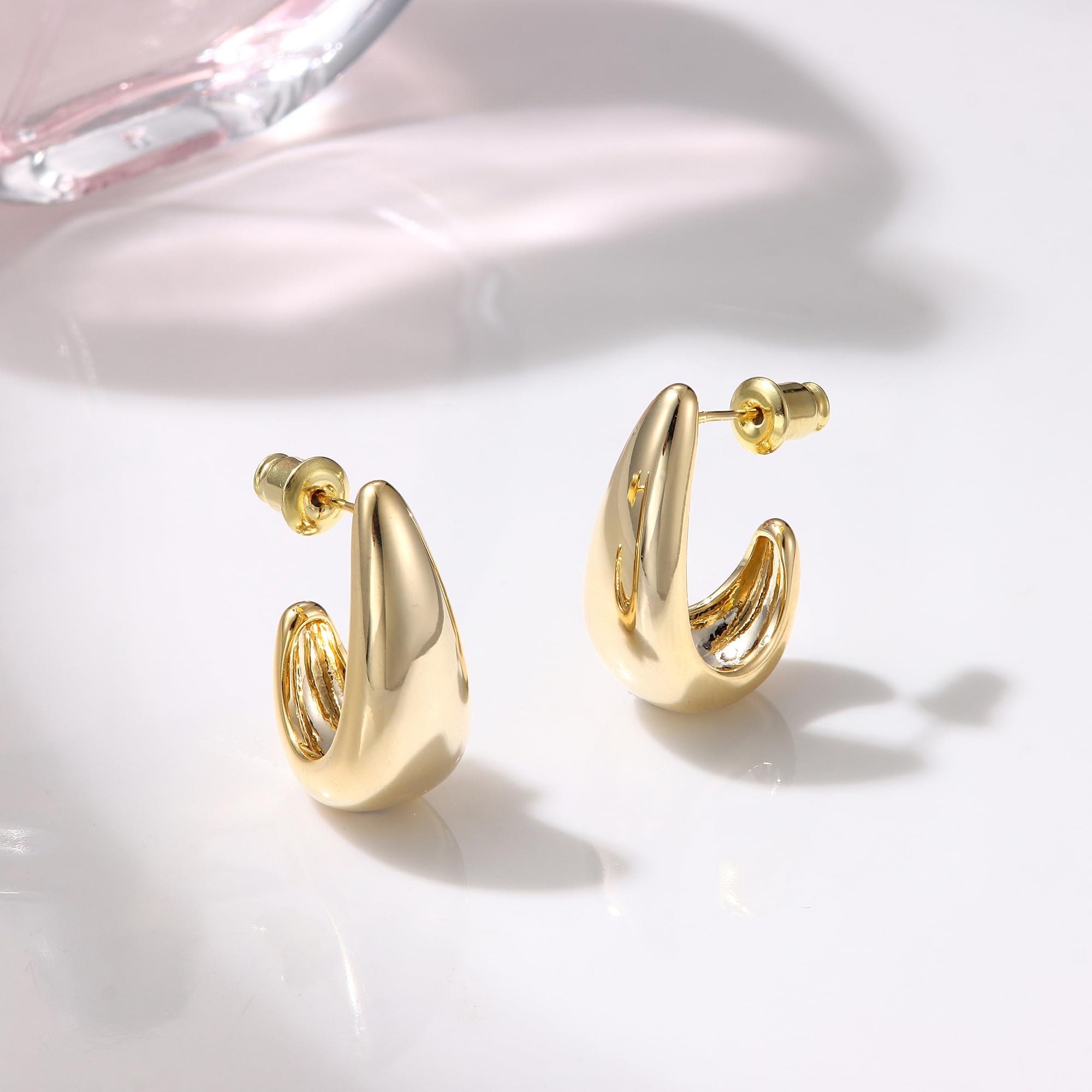 DOCHAIS Orecchini a cerchio in argento sterling 925 Chunky Huggie da donna, placcati in oro 14 carati, a forma di lacrima e cupola, ipoallergenici, oro/argento/oro rosa, regalo per donne