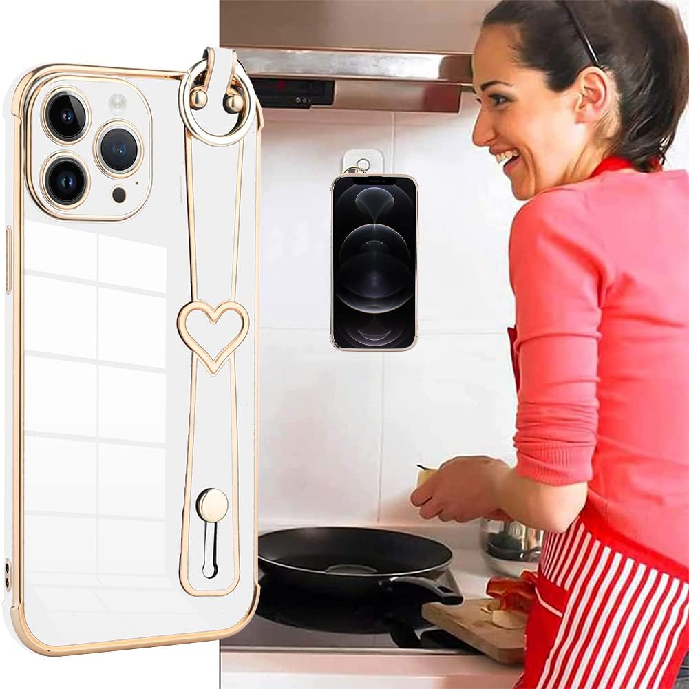 Fiyart Designed for iPhone 12 Pro Max Case Love Heart Stand Strap Holder Soft TPU Plating Full Camera Lens Protection Phone Kickstand Cover Bumper for Women Girls for iPhone 12 Pro Max 6.7"-White