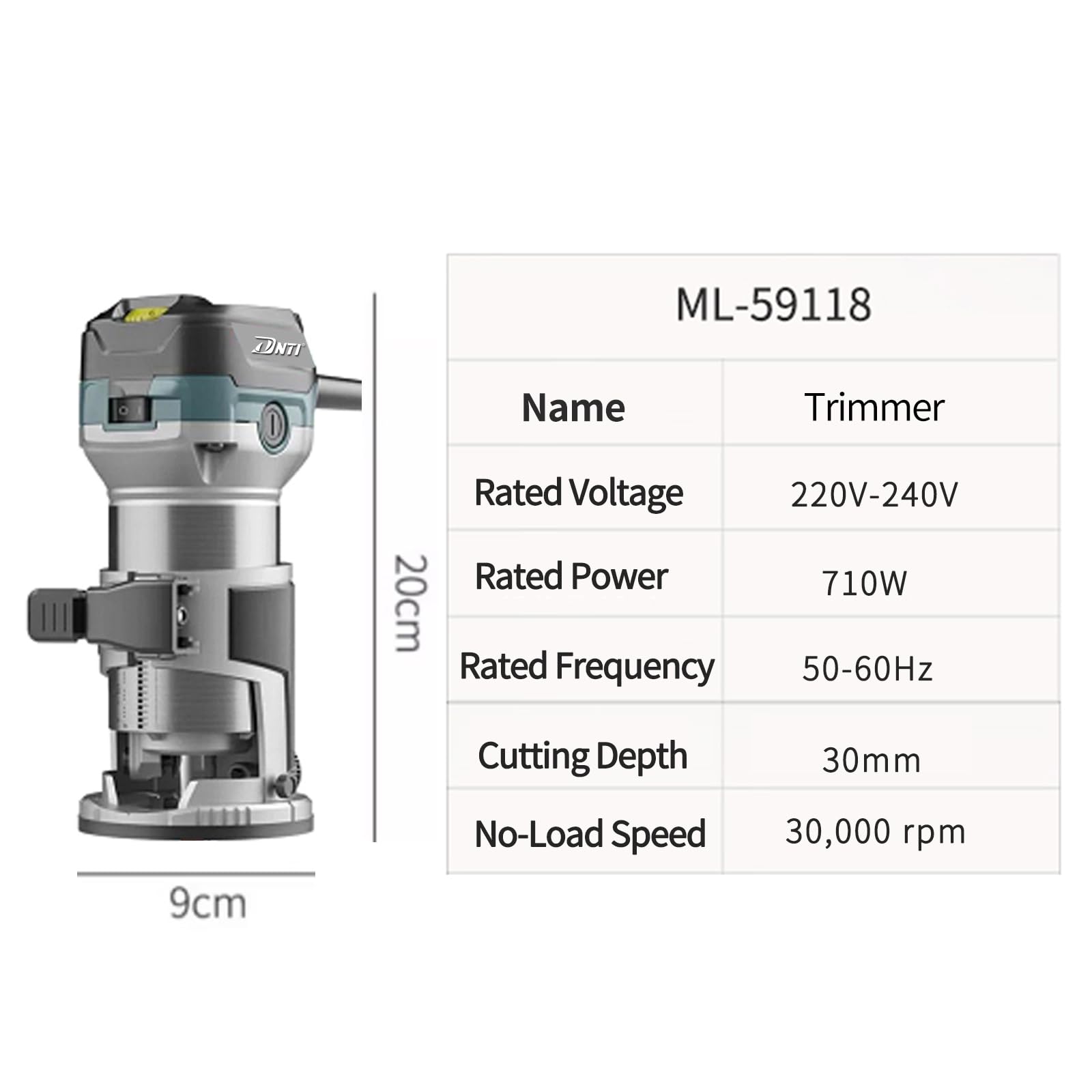 DNTI Fresadora de Madera Rebajadora Eléctrica 710W 10000-30000RPM, Grabado Fresa Para Biselar,2 Alicates de 6.35 mm y 8 mm, 6 Velocidades Variables, Base fija