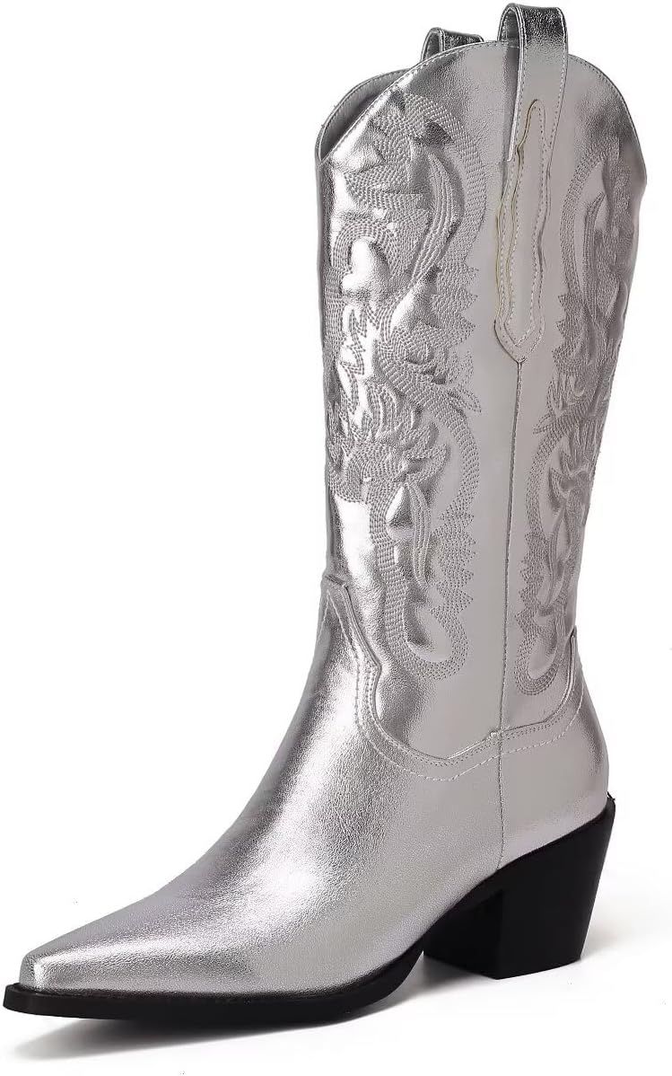 CIERWS Women's Embroidered Western Cowboy Boots Cowgirl Boots Knee High Medium Heel Chunky Heel Classic Retro Boots
