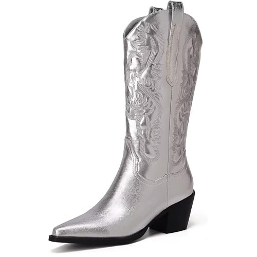 CIERWS Women's Embroidered Western White Cowboy Boots Knee High Medium Heel White Cowgirl Boots For Women