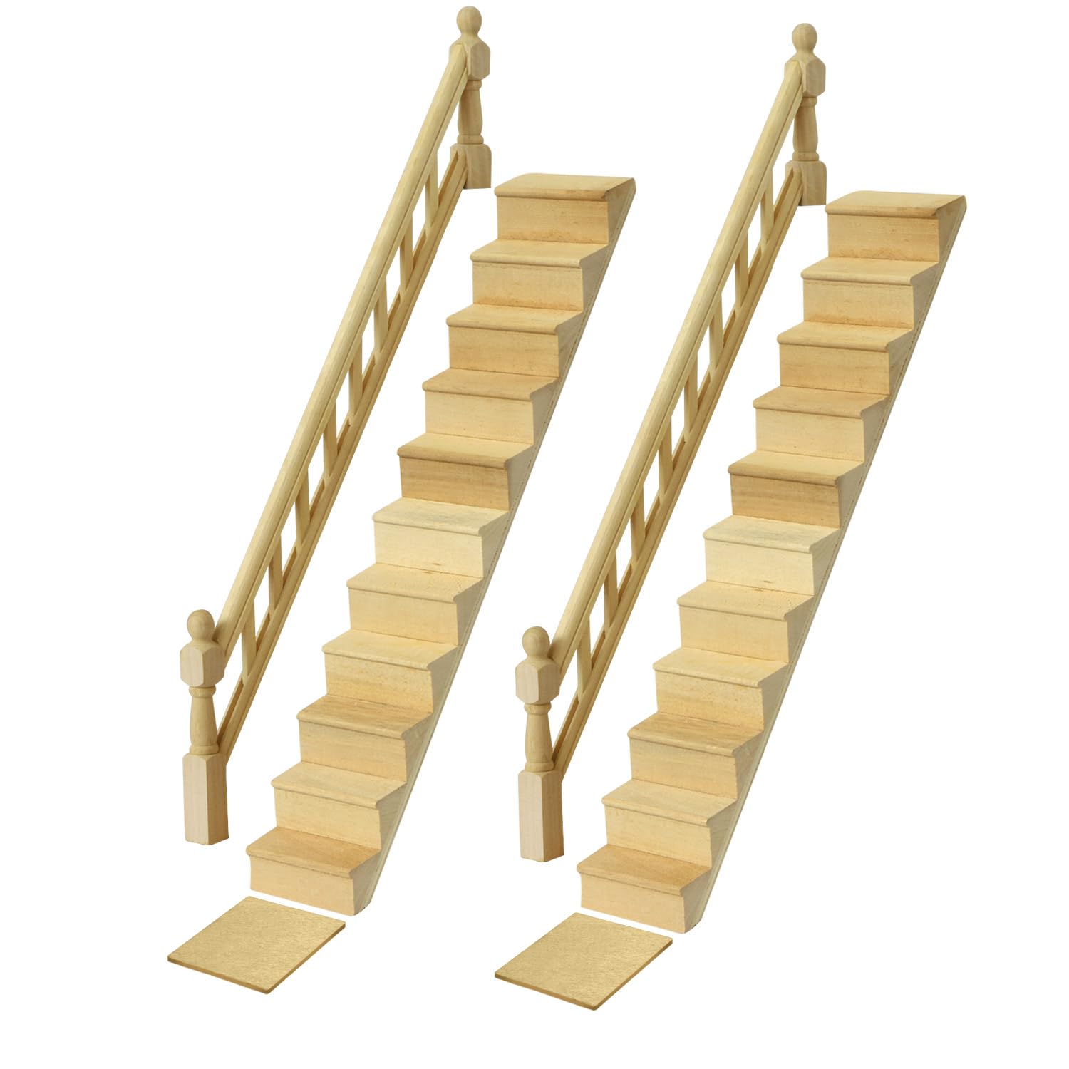 iLAND Miniature Dollhouse Stairs, 1/12 Scale Accessories, Wooden 2 Sets Adjustable with Handrails & Corner Boards