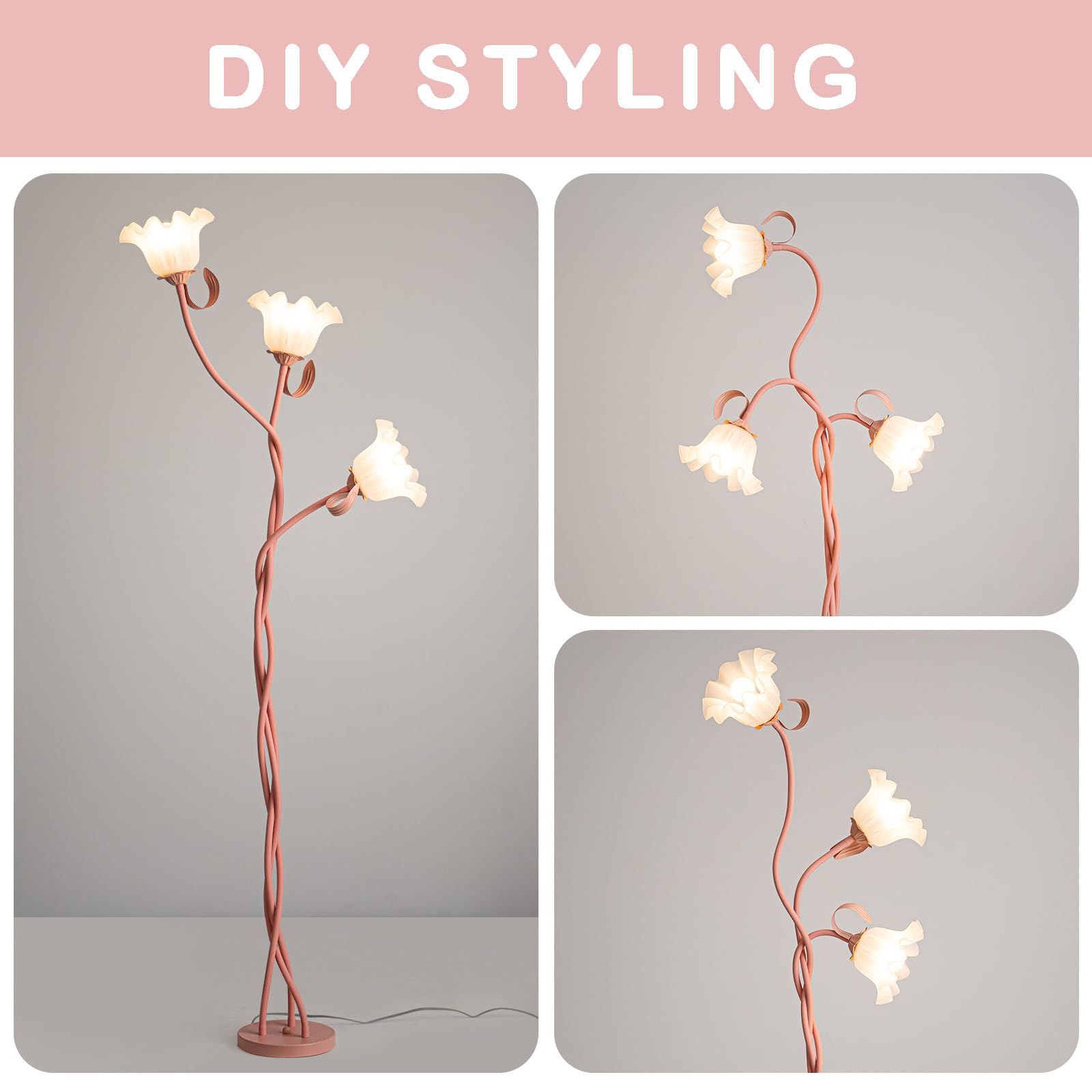 Blumen Stehlampe Wohnzimmer,Schwanenhals DIY Bogenlampe Standleuchte mit 3-Köpfe Rose,Spirale Stehlampe Dimmbar Leselampe Studie,Vintage Standing Floor Lamp für Schlafzimmer,BüRo,170Cm,Rosa