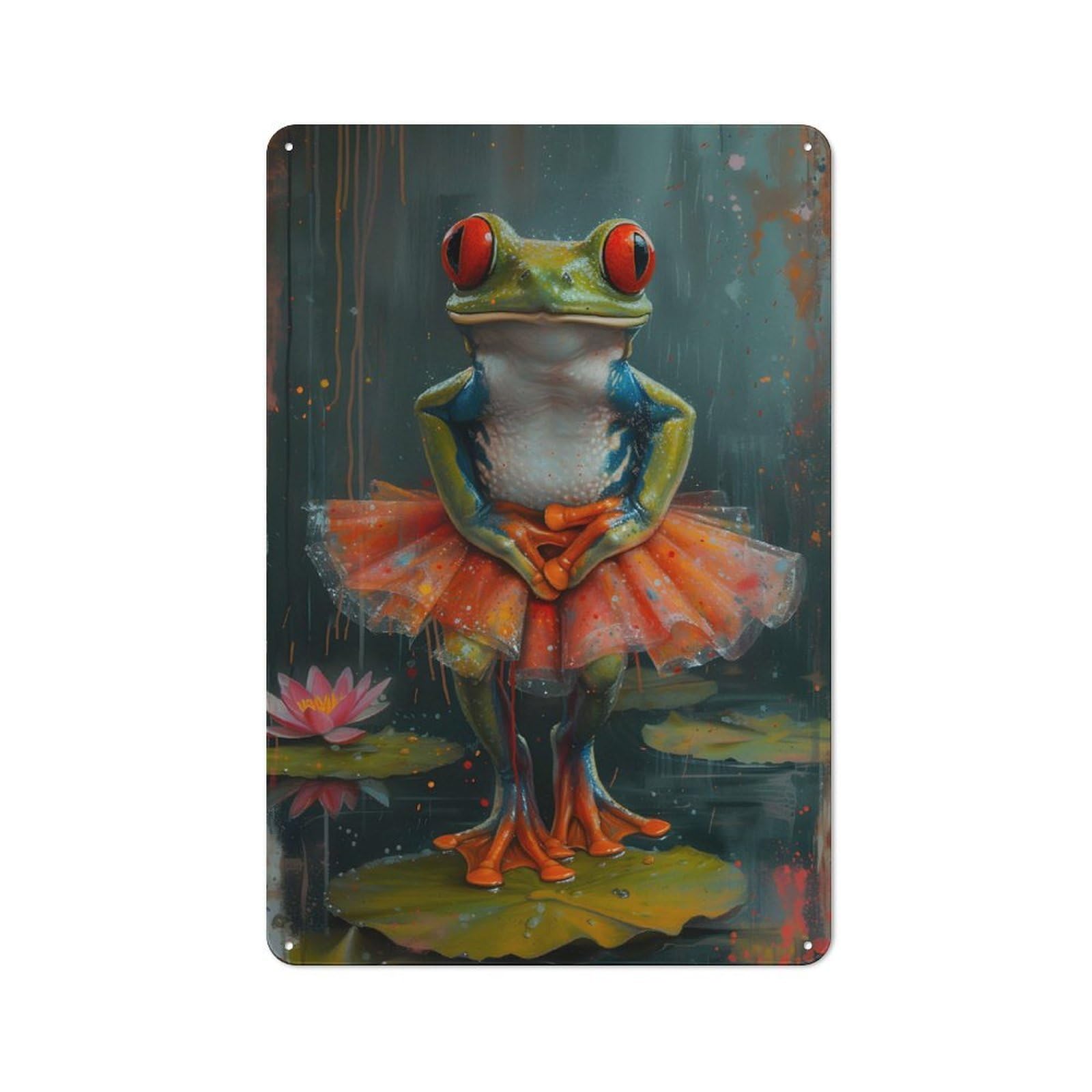 Junmoney Frog In A Tutu Tin Sign With Design 30X20cm, Weathered Look Shed Wall Plaque For Tool Room, Garage, Studio Or Home Bar