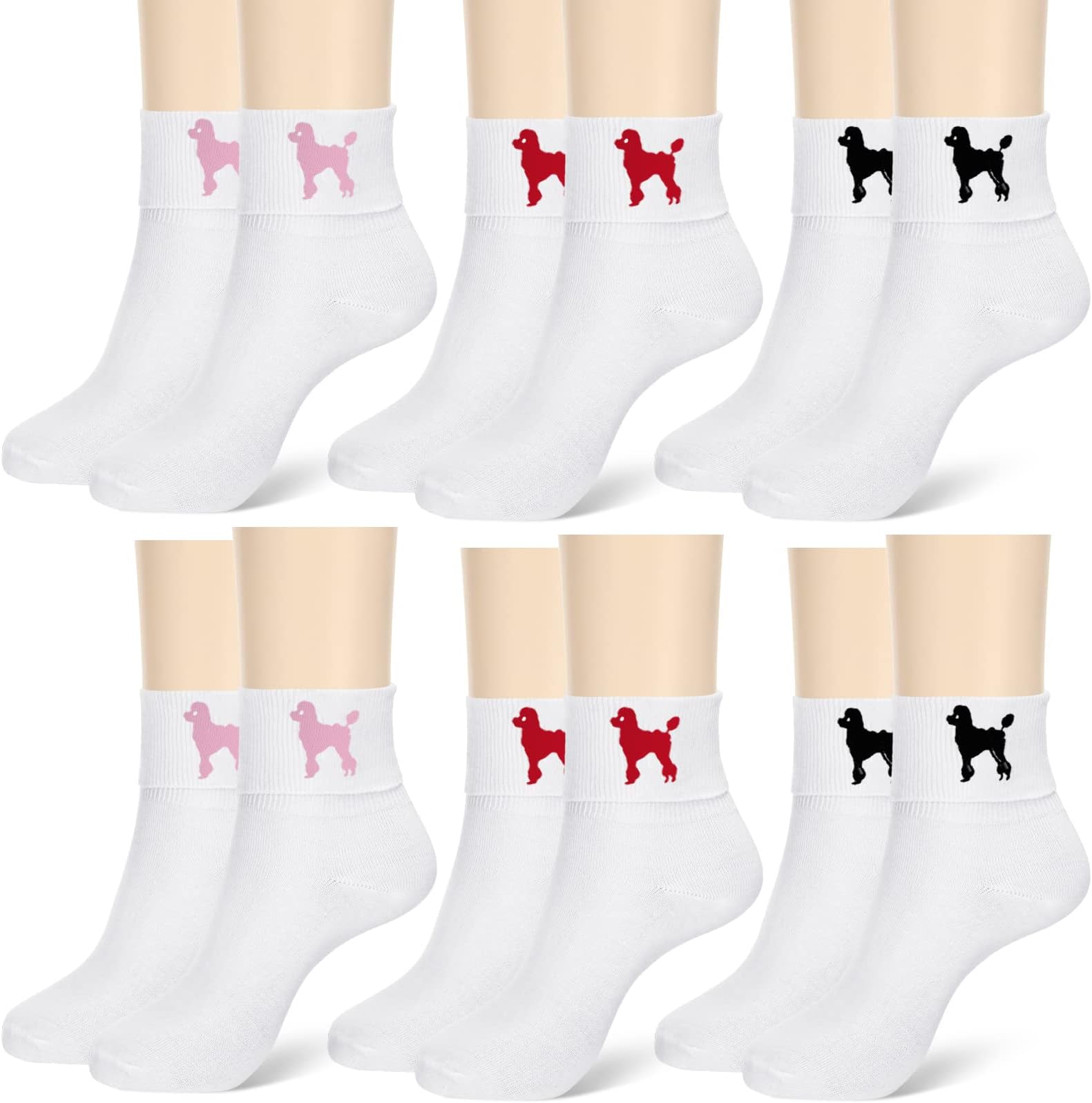 6 Pairs 50s Women Bobby Socks with Poodle Applique Cute Poodle Socks for Retro Party