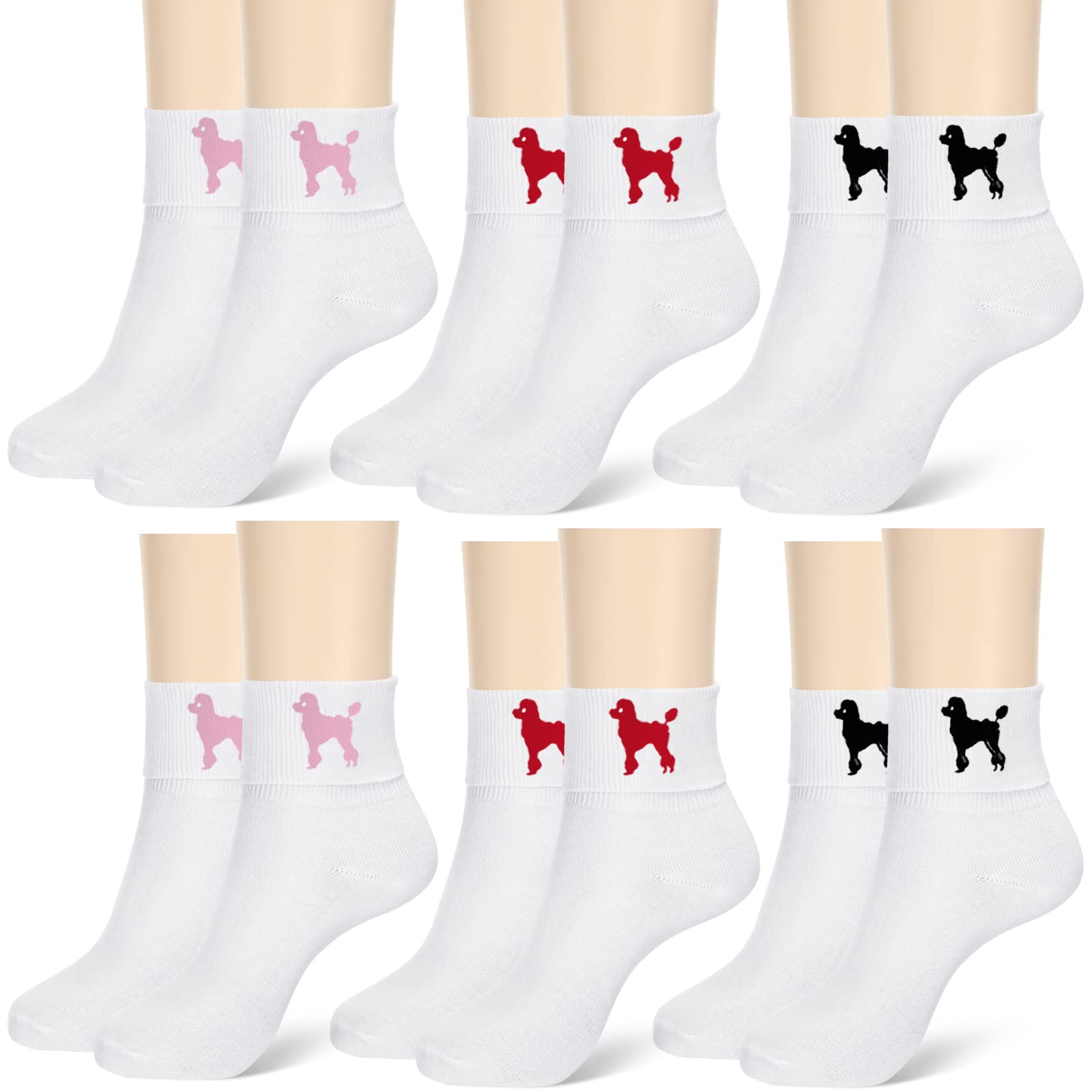 Wesiti 6 Pairs 50s Women Bobby Socks with Poodle Applique Cute Poodle Socks for Retro Party