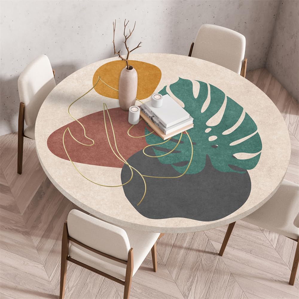 Chickwin Round Outdoor Tablecloth with Elastic Edge, Wipe Clean Circle Table Cover, Nordic Leaves Print Garden Table Fitted Tablecloth Non-Slip Stain-resistant Washable (Banana leaves,70cm)