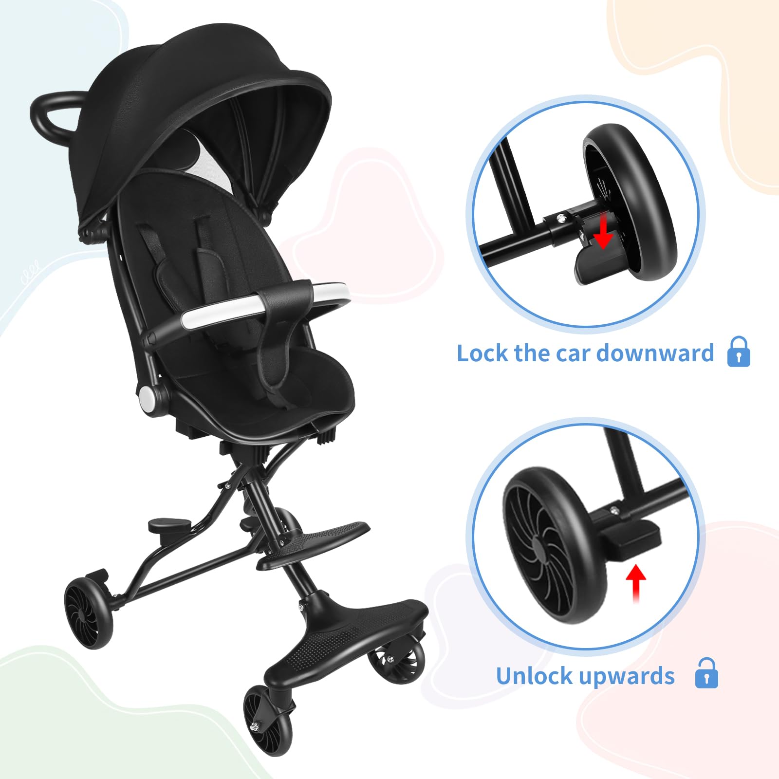 Poussette Canne, 0-4 ans, 0-25 kg, Poussette Bebe Légère et Compacte, Position Allongée, Pliage Automatique,30 * 55 * 86,5 cm - Noir