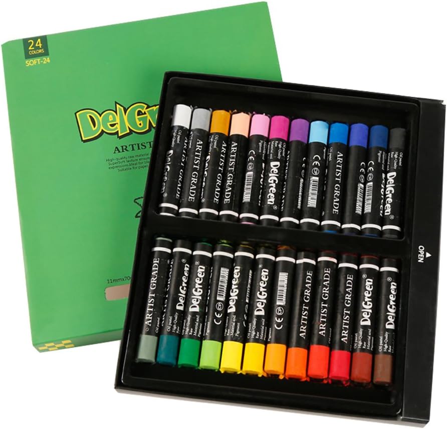 DelGreen Artist Grade Nontoxic Washable Smooth Soft Colorful Oil Pastels for All Ages Set of 24(0.43-inch Diameter)