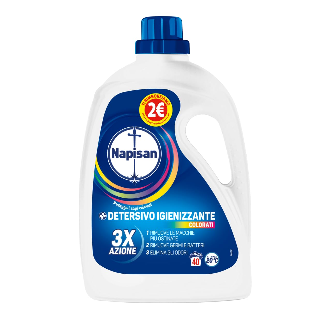 Napisan Detersivo Lavatrice Liquido Igienizzante Capi Colorati, 8 Confezioni da 2 l da 40 Lavaggi di Detersivo Lavatrice Liquido