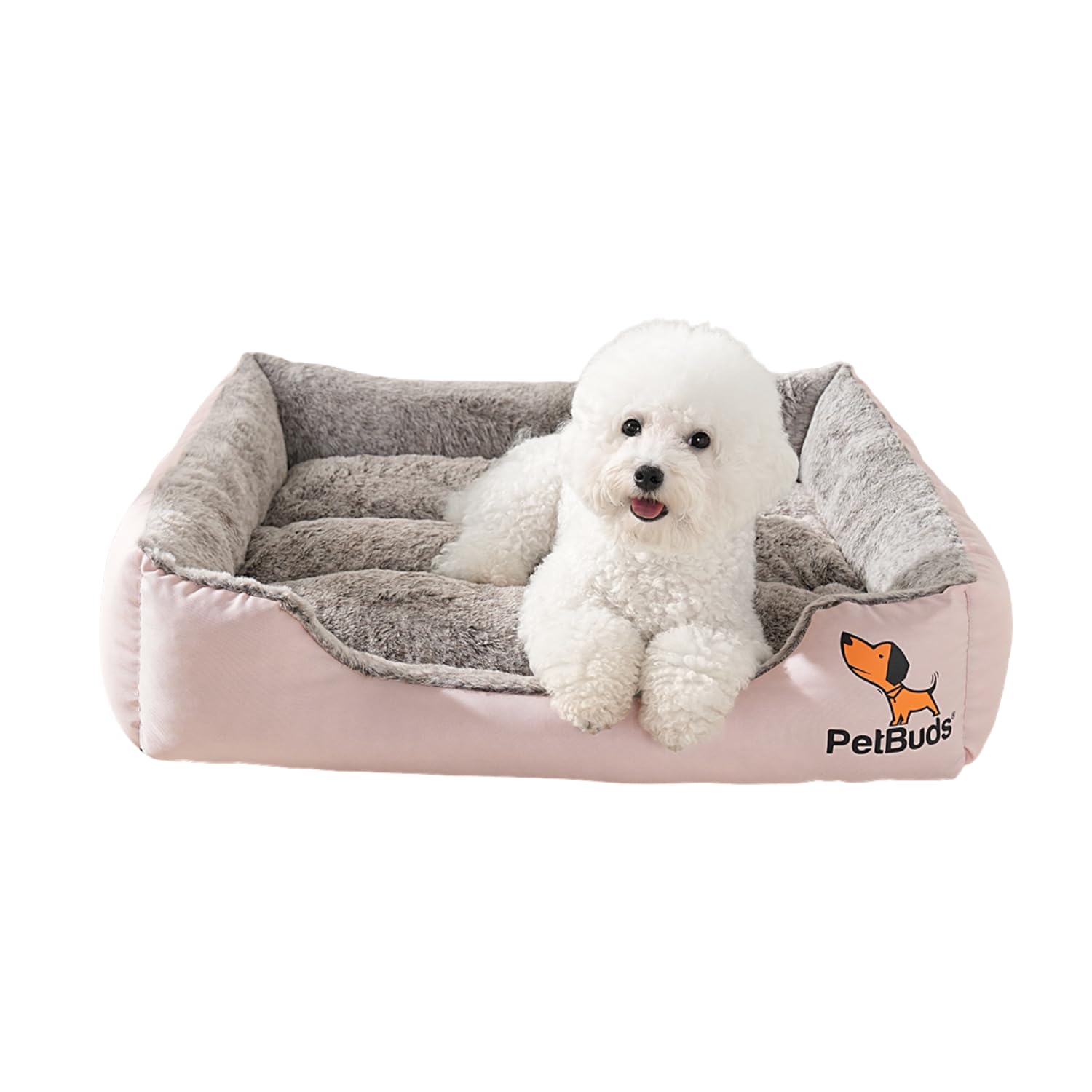 PetBuds Anti-Anxiety Washable Dog Bed with Removable Reversible Cushion, Fluffy Rectangle Design, Non-Slip Waterproof Bottom – Cozy Pet Bed for Dogs & Cats, All Breeds (Pink, M (60x45x17cm))