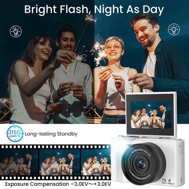 LAMA Digitalkamera, Mini Digitalkameras 5K 75MP Fotokamera mit 64G SD-Karte, Kompaktkamera 3,0 Zoll 180° Flip-Screen 18X Zoom Digital Kamera, Fotokamera für Kinder Teenager Anfänger (Weiß)