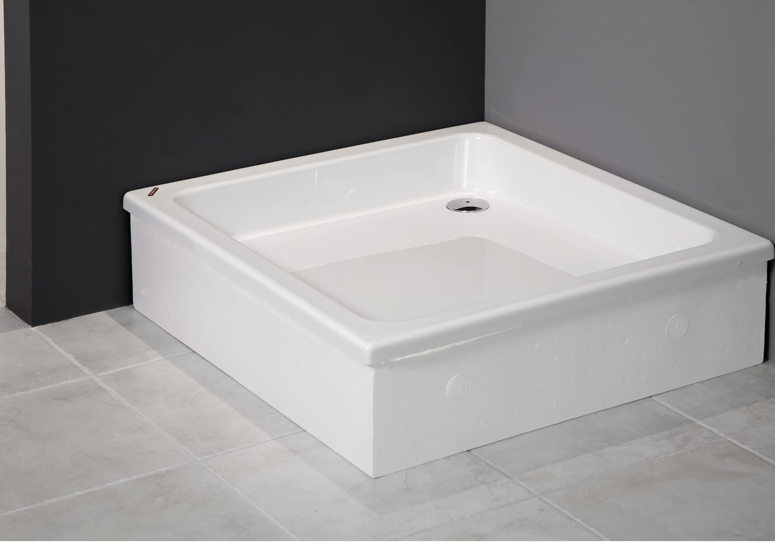 Sellon24® Plato de ducha de acrílico sanitario con soporte, color blanco, estable y brillante, juego compacto, soporte de poliestireno, plato de ducha de acrílico, bandeja cuadrada de azulejos,
