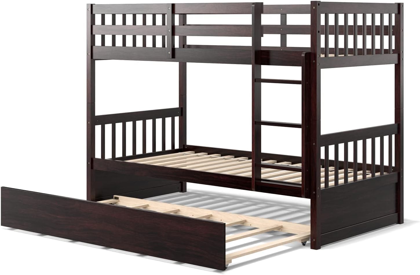 Twin Over Twin Bunk Bed with Trundle, Wooden Removable Shelf Bunk Bed w/Ladder & Full Length Guardrail, Space-Saving Convertible Bunk Beds for Homes & Dorms (Espresso)