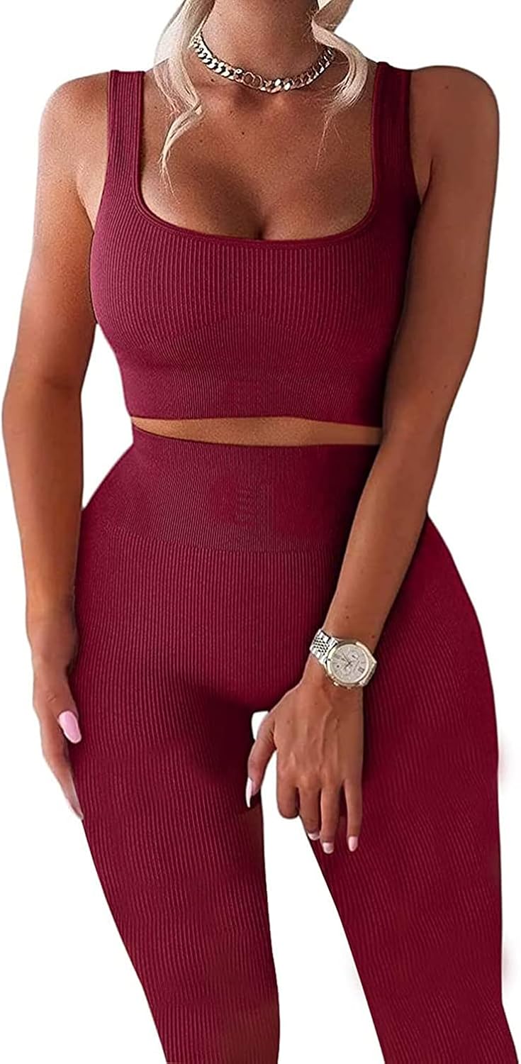 Workout Sets for Women 2 Piece Seamless Ribbed Crop Tank High Waist Shorts Yoga Outfits