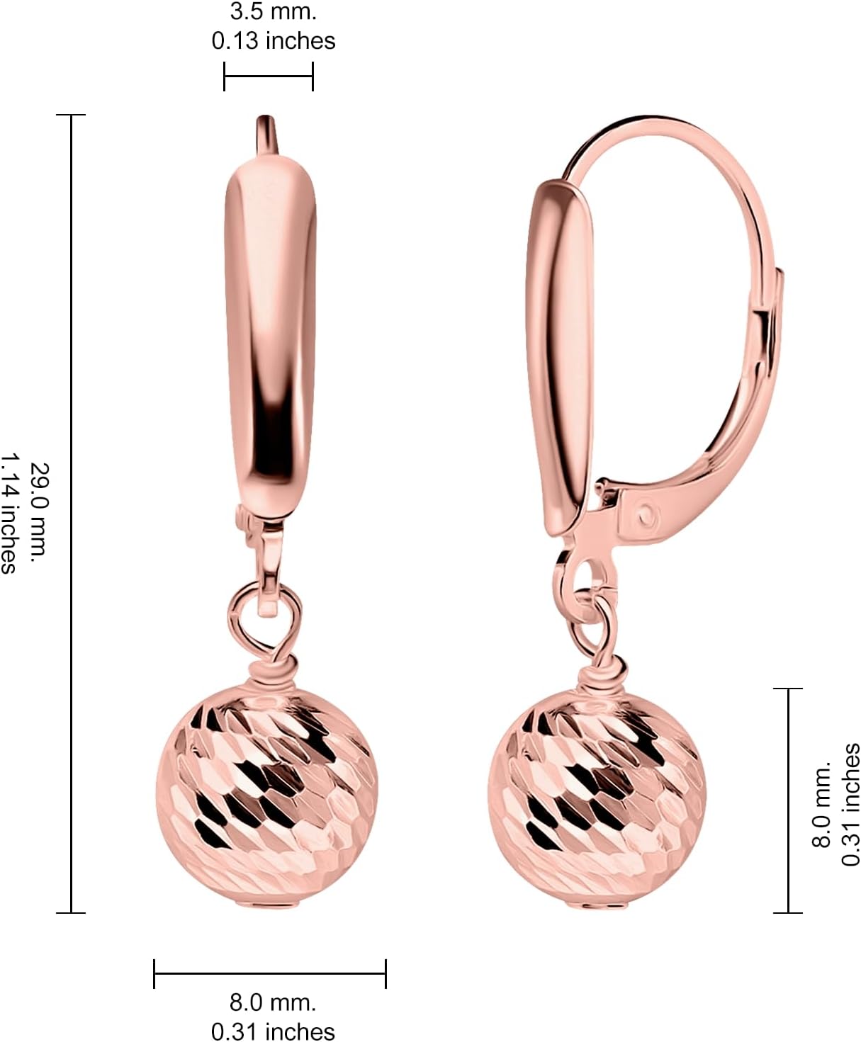 Hoops & Loops 925 Sterling Silver Diamond-Cut Beads Dangle Leverback Earrings, 8mm or 10mm | Silver, Yellow Gold, Rose Gold, Black