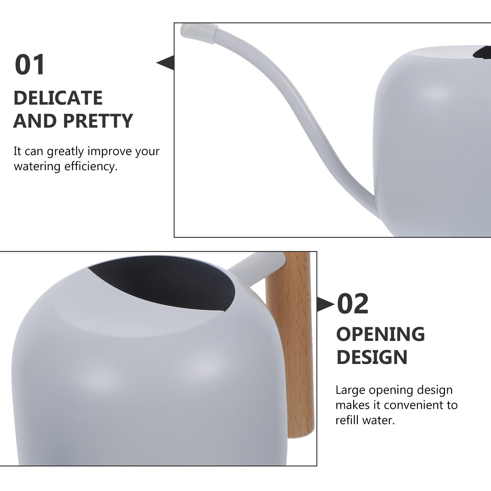 Alipis Arrosoir à Fleurs Arrosoir Plantes D'intérieur Long Bec en Acier Inoxydable et Bois, 1,2 L, Blanc, pour Plantes et Fleurs, Intérieur et Jardin, Facile à Remplir, Anti-débordement