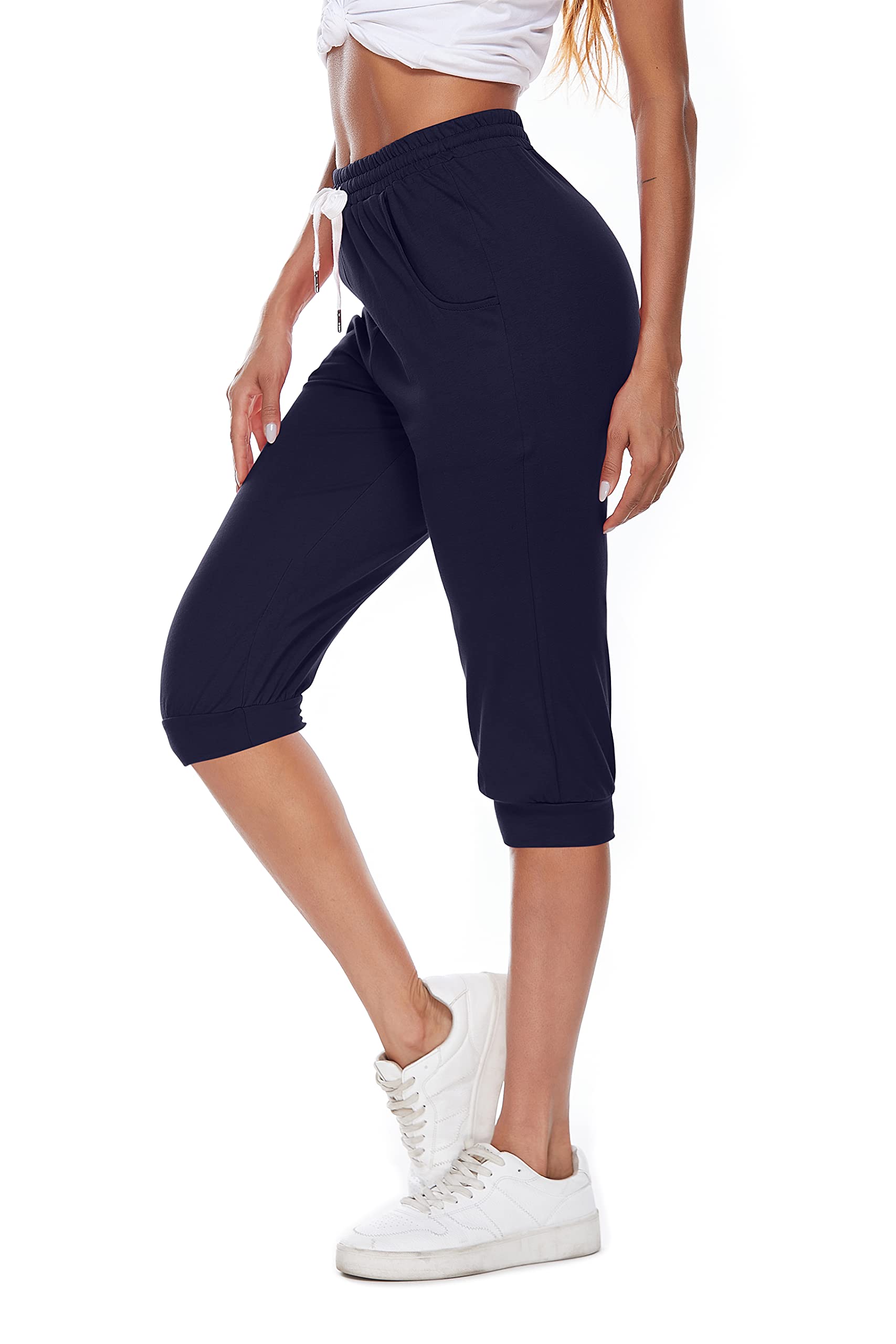 Pantacourt Femme Sport 3/4 Pantalon de Jogging Coton Léger Capri Pantalon Survêtement Yoga Gym Running Pantalons avec Poches