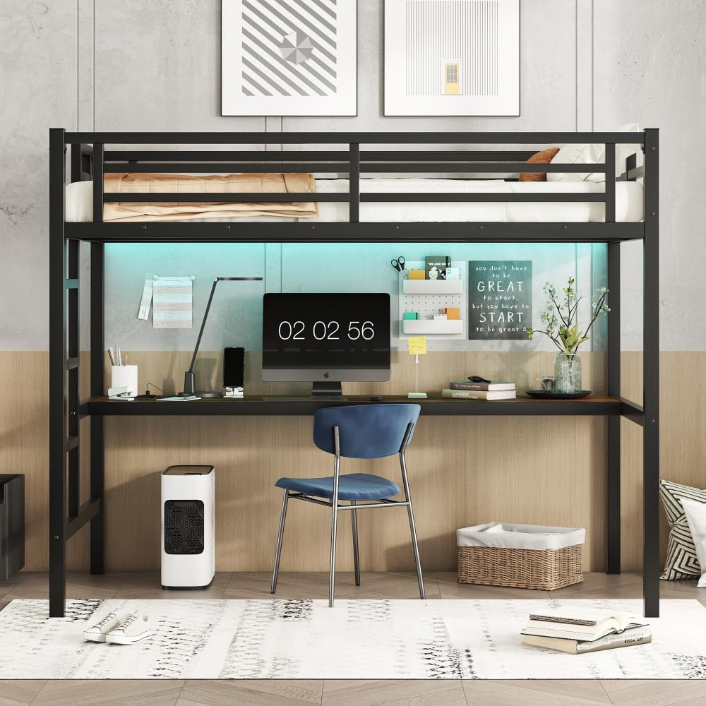 Metal Twin XL Size Loft Bed with Power Outlet and LED Lighted, Space-Saving, Noise Reduced, Black