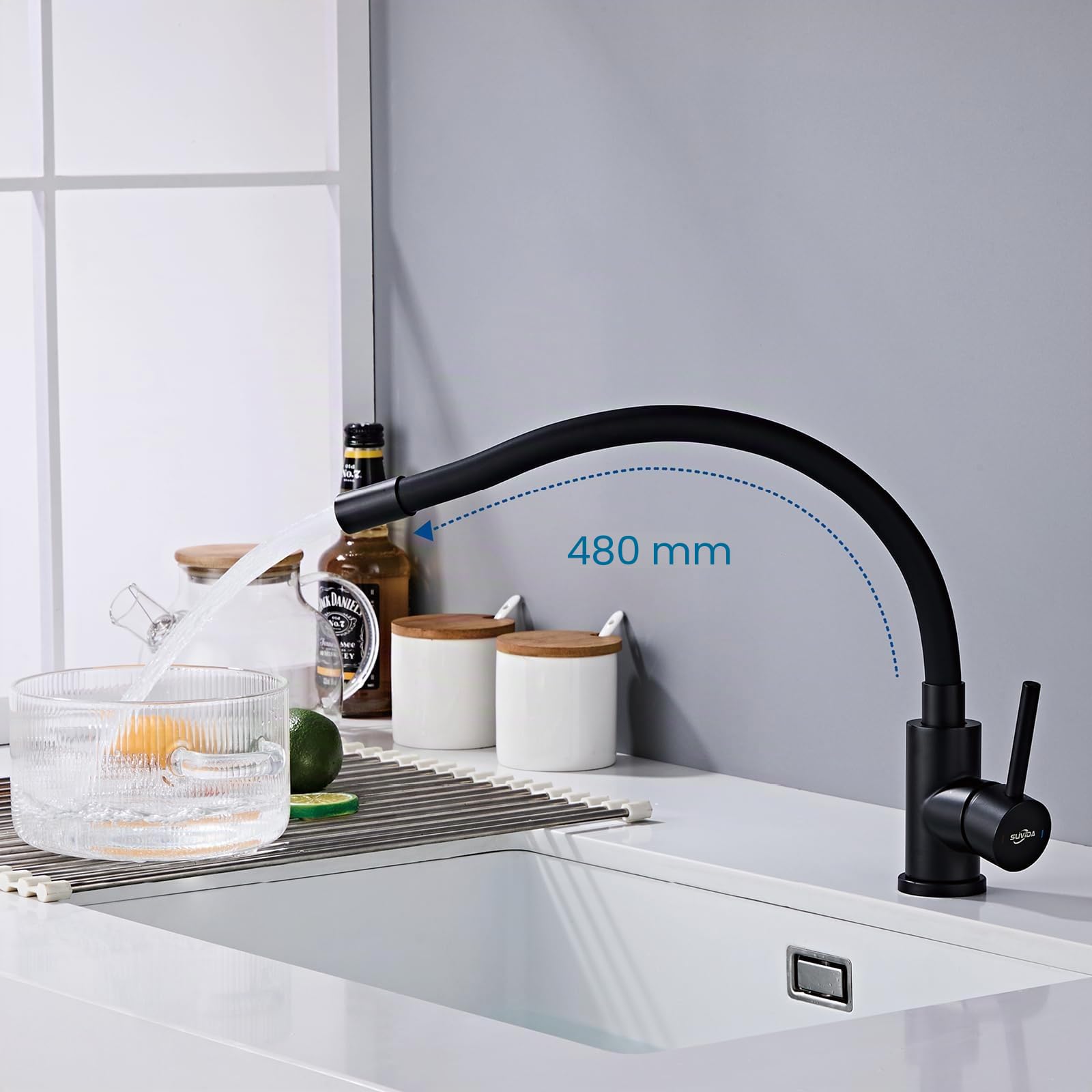Grifo Fregadero Cocina Negro, Grifo Cocina Flexible, Mezclador Cocina Giratiorio a 360°, Monomando de Alta Presión, Grifos Cocina de Acero Inoxidable, Ahorro de Agua