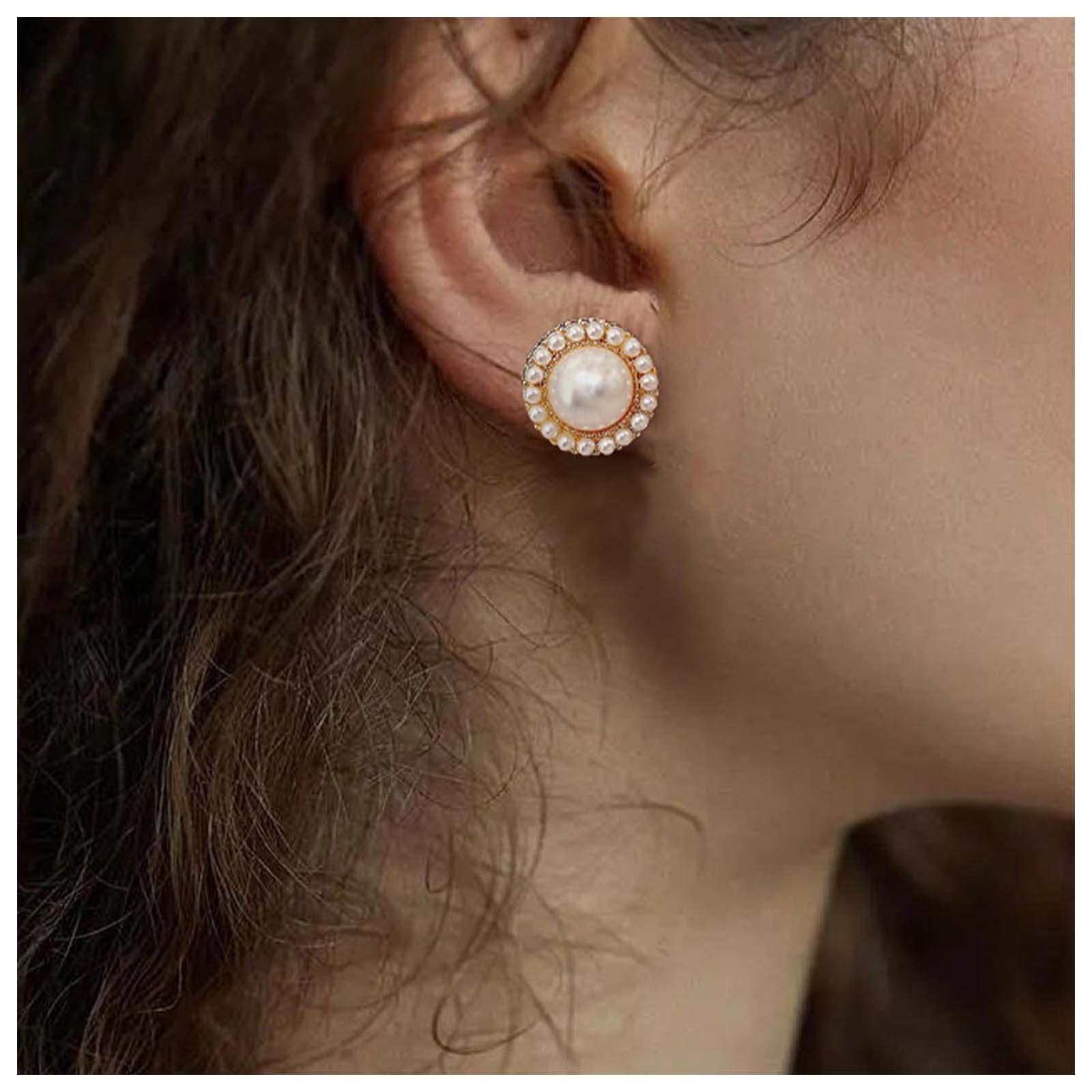 DerviveaVintage Gold Pearl Circle Earrings - Stud & Charm Earring Jewelry for Women & Girls