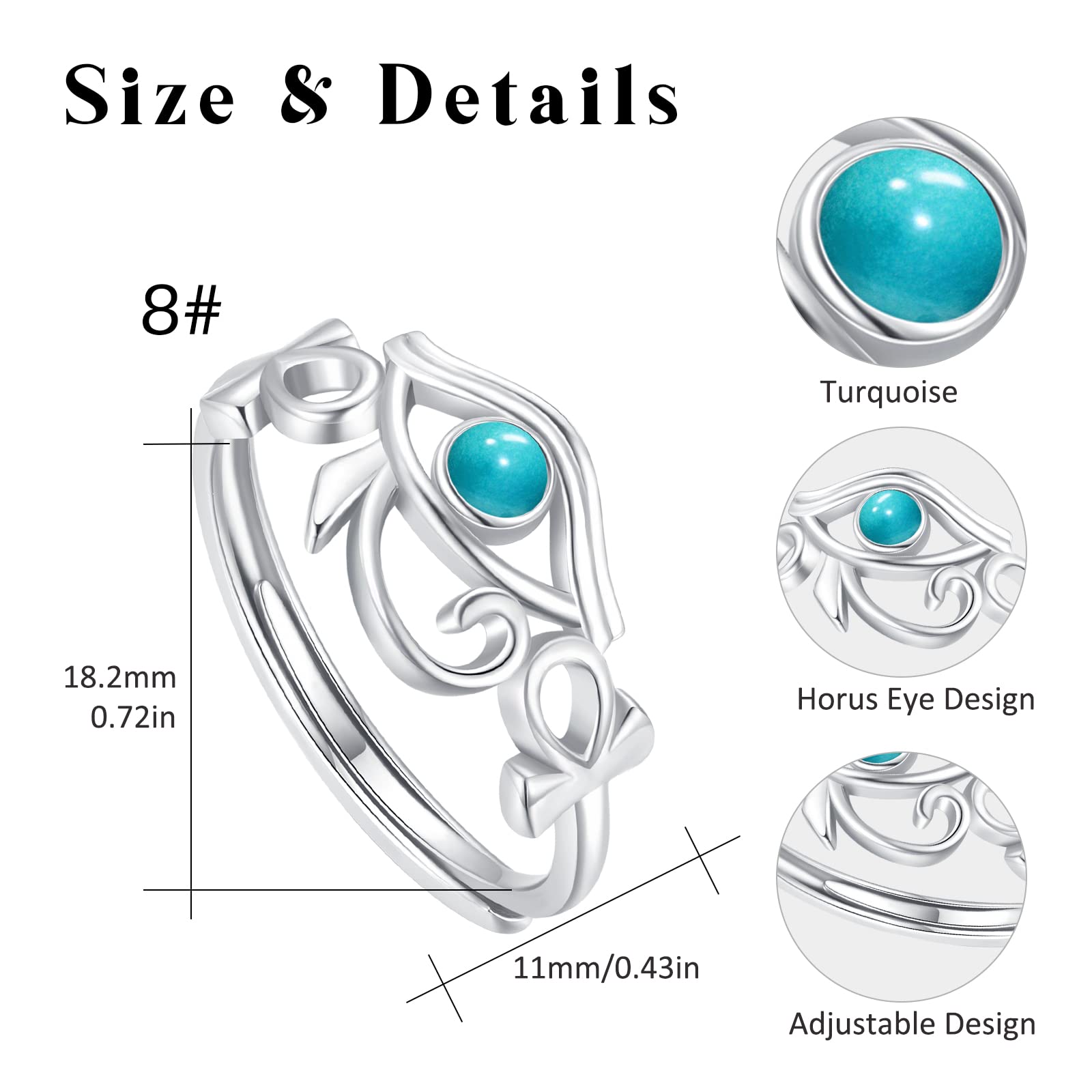 Anello Occhio Di Horus, in argento Sterling 925, con pietra di luna, turchese, anello regolabile con amuleto egiziano Ankh, gioiello per donne e ragazze