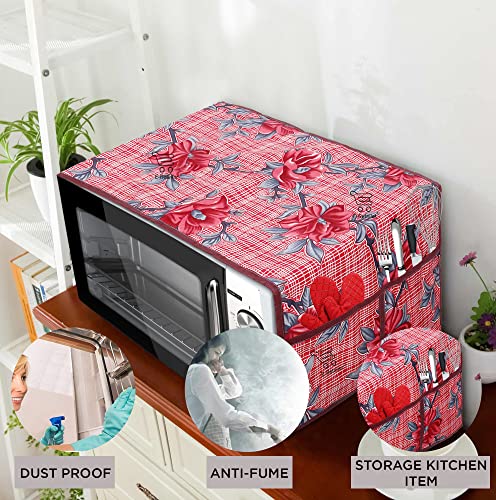 Image of Polyester 3-Layered Microwave Oven Top Cover With 4 Utility Pockets Suitable for Upto 30 Liter (Color- Red, Size-36x14 Inches)