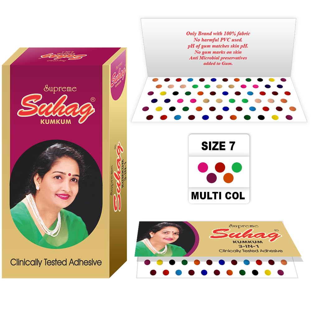 Suhag Multicolor Kumkum Forehead Bindi Box of 15 Flaps Simple Plain Round  Bindis Bindiya with Different Sizes (Size-7, Diameter: 4mm)
