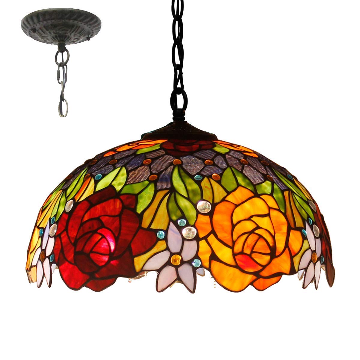 HJRegaFimu Hanging Lamp 16 Inch Pull Chain Stained Glass Red Rose Lampshade Anqitue Chandelier Ceiling Pendant 2 Light Fixture Decorate Dinner Room Living Bed(s00416p01-a)