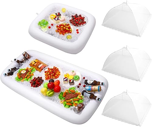 HEMOTON 1 juego de 2 barras inflables de servicio de piscina y 3 piezas de malla para tienda de alimentos, bandeja de buffet inflable para servir