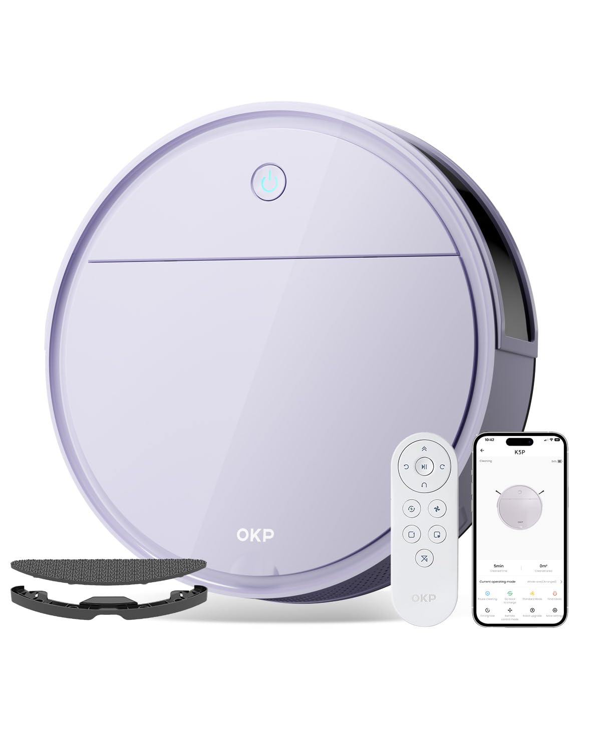 OKP K5 Pro Viola dell'Alba Robot Aspirapolvere, Potenza 5000Pa, Ideale per Peli di Animali, 180 Minuti di Autonomia, Precisione nell'Evita Ostacoli, App/Alexa/Telecomandi, Adatto per Pavimenti Duri